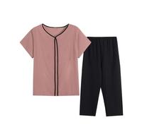 RLEHJN Ensemble De Pyjama Deux Pièces en Coton Et Lin pour Femme Haut Et Pantalon Imprimé Floral À Manches Courtes Et Col Rond Loungewear Ensembles Détente Chic Et Elegant Tenues De Sport
