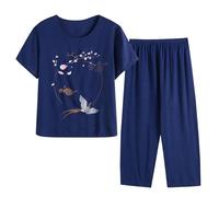 RLEHJN Ensemble De Pyjama Deux Pièces en Coton Et Lin pour Femme Haut Et Pantalon Imprimé Floral À Manches Courtes Et Col Rond Loungewear Ensembles Détente Chic Et Elegant Tenues De Sport