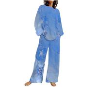 RLEHJN Ensemble Femme Pantalon Et Haut Fluide Chemise À Manches Longues Col Rond Chemise Femme Chic Et Élégant + Pantalon Femmes Jambes Larges Pantalons Fluide Couleur Unie Avec Poche