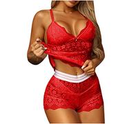 RLEHJN Ensemble Pyjama En Dentelle Femmes Pyjama Femme Sexy Chic Coquine 2 Pièces Camisole Soutien-Gorge À Bretelles Et Nœud Short Taille Haute Sous-Vêtements À Col En V Vêtements Nuit