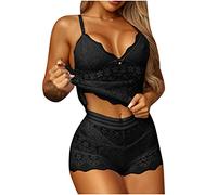 RLEHJN Ensemble Pyjama En Dentelle Femmes Pyjama Femme Sexy Chic Coquine 2 Pièces Camisole Soutien-Gorge À Bretelles Et Nœud Short Taille Haute Sous-Vêtements À Col En V Vêtements Nuit