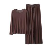 RLEHJN Ensemble Pyjama Pour Femmes Doux Et Confortable T-Shirt À Manches Longues Col Round Pantalons Larges Jambes T-Shirt Couleur Unie Pantalons Large Taille Élastique Pyjama Femme Été Lot De Deux