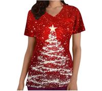 RLEHJN Haut De Noel Femme Blouse Medicale pour Femmes Hauts De Noël Blouse De Travail Manches Courtes Col V Tenue Aide Soignante Femme avec Imprimé De Noël Uniforme Médecine avec Poches