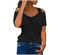 RLEHJN Haut Femme Dentelle Pas Cher T-Shirt À Épaules Dénudées Top Sexy Femme Manches Courtes Pure Couleur Épissage Chemisiers Chic Et Elegant Classique Tee Shirt Mode Confortable Regular Fit Tunique