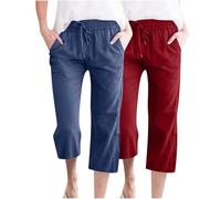 RLEHJN Lot De 2 Pantalon De Lin pour Femmes Pantacourt Femme Été Leger Pantacourt Femme Été Sport Pantacourt en Coton Et Lin Taille Haute avec Poches Vetement Femme Ete Ventes Flash du Jour