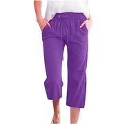 RLEHJN Pantacourt en Coton Et Chanvre pour Femme Pantalon Fluide Femmes Taille Elastique Pantacourts Décontracté Sport Jogging Respirant Plage Survetement Pantalons 3/4 Grande Taille Pas Cher