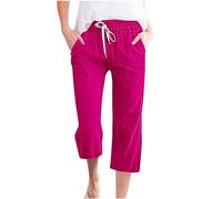 RLEHJN Pantacourt En Coton Et Chanvre Pour Femme Pantalon Fluide Femmes Taille Elastique Pantacourts Décontracté Sport Jogging Respirant Plage Survetement Pantalons 3/4 Grande Taille Pas Cher