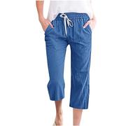 RLEHJN Pantacourt en Coton Et Chanvre pour Femme Pantalon Fluide Taille Elastique Pantalons De Jogging À Cordon 3/4 Couleur Unie Confortable Pants De Plage Pantacourts Lin Décontracté avec Poches