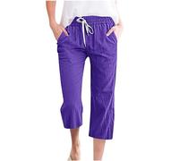 RLEHJN Pantacourt En Coton Et Chanvre Pour Femme Pantalon Fluide Taille Elastique Pantalons De Jogging À Cordon 3/4 Couleur Unie Confortable Pants De Plage Pantacourts Lin Décontracté Avec Poches