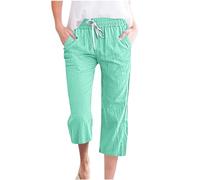 RLEHJN Pantacourt En Coton Et Chanvre Pour Femme Pantalon Fluide Taille Elastique Pantalons De Jogging À Cordon 3/4 Couleur Unie Confortable Pants De Plage Pantacourts Lin Décontracté Avec Poches
