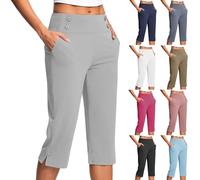 RLEHJN Pantacourt Femme Été Leger Pantalon 3/4 Femme Taille Élastique Pantalon De Jogging Léger Pour Femmes Corsaire Sport De Couleur Unie Pants Stretch Confort Avec Poche Soldes De Printemps