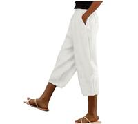 RLEHJN Pantacourt Femme Été Pantalon Lin Femme Été Chic Coton Lin Pantalon Léger Casual Elegant Pantalon Élastique Taille Pantalon Décontractée Couleur Unie Mode Pants avec Poches Clearance Soldes