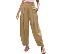 RLEHJN Pantalon 7/8 Femme Été Ample Longueur Pants Style Bohème Décontracté À Droit Léger avec Poches Pantalon De Détente avec Cordon De Serrage Vêtements Femme Chic pour Plage Voyage