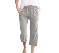 RLEHJN Pantalon Femme Été 3/4 Lin Pantalons Fluide Large Taille Haute Elastique Pantacourt Grande Pantacourts Avec Poches Décontractée Couleur Unie Pants Droit Confortable Pants De Plage