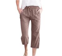 RLEHJN Pantalon Femme Été 3/4 Lin Pantalons Fluide Large Taille Haute Elastique Pantacourt Grande Pantacourts Avec Poches Décontractée Couleur Unie Pants Droit Confortable Pants De Plage