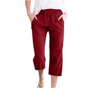 RLEHJN Pantalon Fluide Femme Été Lin Capris Décontractés En Coton Et Chanvre Pour Femmes Pantalons Fluide Large Taille Haute Elastique Pantacourt Grande Pantacourts Avec Poches Couleur Unie Pant Droit