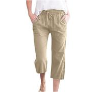 RLEHJN Pantalon Fluide Femme Été Lin Capris Décontractés En Coton Et Chanvre Pour Femmes Pantalons Fluide Large Taille Haute Elastique Pantacourt Grande Pantacourts Avec Poches Couleur Unie Pant Droit