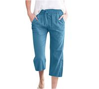 RLEHJN Pantalon Fluide Femme Été Lin Capris Décontractés En Coton Et Chanvre Pour Femmes Pantalons Fluide Large Taille Haute Elastique Pantacourt Grande Pantacourts Avec Poches Couleur Unie Pant Droit