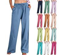 RLEHJN Pantalon Lin Femme Été Décontracté Pantalon Fluide Femme Été Pantalons Large En Coton Chanvre Confortable Ample Elastique Taille Haute Pant Léger Unie Avec Poches Pantalons Coton Lin Pour Plage
