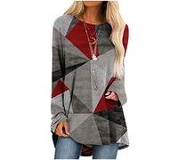 RLEHJN Pull Femme Chic Et Elegant T-Shirt Longue Femmes Vintage Haut Ample Décontracté Géométrie Imprimé Manches Longues Mode Pullover Col Rond Automne Hiver Chaud Sweater Pull Femme Pas Cher