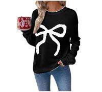 RLEHJN Pull Noël Femme Manches Longues Col Rond Pull De Noel Femmes Chic avec Imprimé Nœud Brodé Pullover Automne Hiver Décontracté Sweater Femme Wool Chaud Et Confortable Haut Festif
