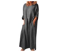 RLEHJN Robe Ample Femme Longue Robe Coton Lin Robe De Plage Longue Decontractée Manches Longues Été Boho Maxi Élégante Casual Dress Plissée pour Femmes avec Poches Rob en Lin pour Printemps Ete Offres