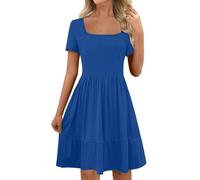 RLEHJN Robe De Soiree Femme Robe Femme Chic Et Elegant Robes Tunique Manches Courtes À Col Carré De Couleur Unie Dress D'Été Décontractée Longueur Genou Robes De Plage avec Poche Ventes Flash