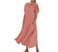 RLEHJN Robe D'Été Femme Deals of The Day Robe Coton Lin Col en V Manches Courtes Robe Décontractée Imprimé Ample Mi Longue Robe Longue Plissée Élégante Robe Longue Bohème Vintage pour Femme