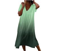 RLEHJN Robe D'Été Femme Deals of The Day Robe Coton Lin Col en V Manches Courtes Robe Décontractée Imprimé Ample Mi Longue Robe Longue Plissée Élégante Robe Longue Bohème Vintage pour Femme