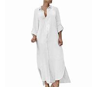 RLEHJN Robe D'été Femme Fluide Robe Chemisier Femme Mi Longue Robes Chemise Lin Robe Décontractée à Col en V Couleur Unie Robes Femmes Cotton en Line Tunique Vintage Robe Grande Taille Pas Cher