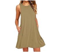 RLEHJN Robe Ete Femme À sans Manches Col Rond Décontracté Robe Ample Lâche Couleur Unie Bohème Mi-Longue Dress pour Fêter Robes De Vacances À La Plage DEte Pas Cher Vente Flash du Jour Et Soldes