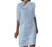 RLEHJN Robe Femme Chic Et Elegant Ete Robe en Coton Lin pour Femmes Robe D'Été Longue Femme Mi Longue Decontractée Unie Demi-Manches Été Élégante Casual Dress Droite Robe Soiree Pas Cher