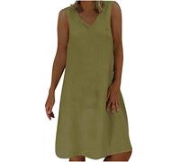 RLEHJN Robe Femme Chic Et Elegant Ete Robe Plissée Mi-Longue à sans Manches Robes D'été pour Femmes Robe Débardeur Maxi en Coton Et Lin Col V Couleur Unie Robe D'été Longue Robe De Plage Cadeau Maman