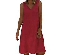 RLEHJN Robe Femme Chic Et Elegant Ete Robe Plissée Mi-Longue à sans Manches Robes D'été pour Femmes Robe Débardeur Maxi en Coton Et Lin Col V Couleur Unie Robe D'été Longue Robe De Plage Cadeau Maman