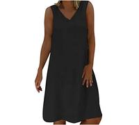 RLEHJN Robe Femme Chic Et Elegant Ete Robe Plissée Mi-Longue à sans Manches Robes D'été pour Femmes Robe Débardeur Maxi en Coton Et Lin Col V Couleur Unie Robe D'été Longue Robe De Plage Cadeau Maman