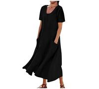 RLEHJN Robe Longue Femme Chic et Elegant Ample Dress à Manche Courte Jupe de Plage Chic Décontractée Robe Ete Robe en Coton et Lin Soirée Robe de Plage Robes en Lin Longue avec Poches Boheme