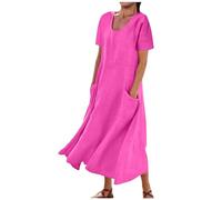 RLEHJN Robe Longue Femme Chic et Elegant Ample Dress à Manche Courte Jupe de Plage Chic Décontractée Robe Ete Robe en Coton et Lin Soirée Robe de Plage Robes en Lin Longue avec Poches Boheme