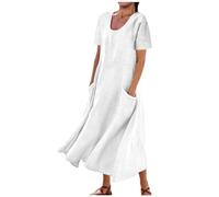 RLEHJN Robe Longue Femme Chic et Elegant Ample Dress à Manche Courte Jupe de Plage Chic Décontractée Robe Ete Robe en Coton et Lin Soirée Robe de Plage Robes en Lin Longue avec Poches Boheme