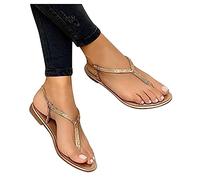 RLEHJN Sandales Femmes Plates, Mode Bohême Strass Fleurs Tongs Sandales Femmes Été Confortables Chaussures Plates Bride Cheville Soirée Élégance Toe Confortables Femmes Chaussures pour Plage Vacances