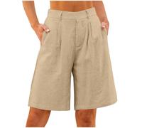 RLEHJN Short En Coton Et Lin Femme Shorts Et Bermudas Femme Bermuda Femmes Longueur Genou Ample Pantalon Court Taille Haut Élastique À Jambes Larges Short Décontracté De Travail Avec Poches
