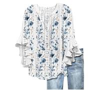RLEHJN T-Shirt Femme Pas Cher Soldes Chemise À Manches Trois-Quarts Imprimé Floral Top Femmes Pas Cher Blouse Chic Et Élégant Poche Col en V Haut Léger Respirant Ample Décontractée Manches 3/4