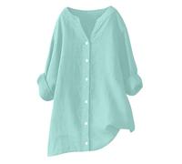 RLEHJN T Shirt Manches Longues en Coton Et Lin pour Femme Boheme Col V Boutonné Shirt Basique Chemise Longue Ample De Couleur Unie en Lin Casual Tuniques Blouse Lâche Respirant T-Shirts Ete Soldes