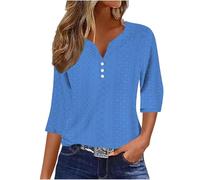 RLEHJN T Shirts À Manches 3/4 Femme Pas Cher Top Femmes Chic Et Élégant Tuniques De Mode Amples De Couleur Unie Tops Basiques Été-Printemps Décontractés Col V Tops Chemises Trois Quarts 2025