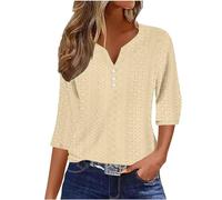 RLEHJN T Shirts À Manches 3/4 Femme Pas Cher Top Femmes Chic Et Élégant Tuniques De Mode Amples De Couleur Unie Tops Basiques Été-Printemps Décontractés Col V Tops Chemises Trois Quarts 2025