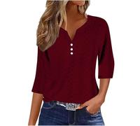 RLEHJN T Shirts À Manches 3/4 Femme Pas Cher Top Femmes Chic Et Élégant Tuniques De Mode Amples De Couleur Unie Tops Basiques Été-Printemps Décontractés Col V Tops Chemises Trois Quarts 2025