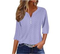 RLEHJN T Shirts À Manches 3/4 Femme Pas Cher Top Femmes Chic Et Élégant Tuniques De Mode Amples De Couleur Unie Tops Basiques Été-Printemps Décontractés Col V Tops Chemises Trois Quarts 2025