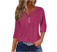 RLEHJN T Shirts À Manches 3/4 Femme Pas Cher Top Femmes Chic Et Élégant Tuniques De Mode Amples De Couleur Unie Tops Basiques Été-Printemps Décontractés Col V Tops Chemises Trois Quarts 2025