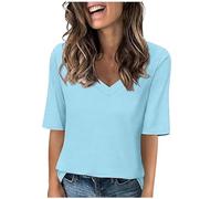 RLEHJN T-Shirts À Manches Courtes Femme Pas Cher Tee Shirt Femme Chic Et Elegant T Shirt Col V Pour Femmes Basique Décontracté Tunique Couleur Unie Sport Tee Hauts Chemises Amples De Base Shirts