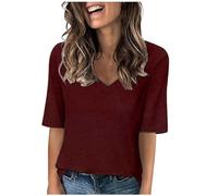 RLEHJN T-Shirts Et Tops De Sport Femme Clearance Soldes Femmes T-Shirt Col en V Eté Décontracté Tee Shirt Femme Coton Unie T Shirts Hauts Tuniques De Base D'Été Lâches T-Shirt Blanc Offre Printemps