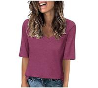 RLEHJN T-Shirts Et Tops De Sport Femme Clearance Soldes Femmes T-Shirt Col en V Eté Décontracté Tee Shirt Femme Coton Unie T Shirts Hauts Tuniques De Base D'Été Lâches T-Shirt Blanc Offre Printemps